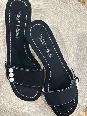 White House Black Market Black Slide Mules with White Button Accents
